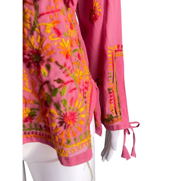 Embroidered Top Bohemian Tunic Flowers Vneck Hippy Sheer Pink Size Small - Picture 3 of 5